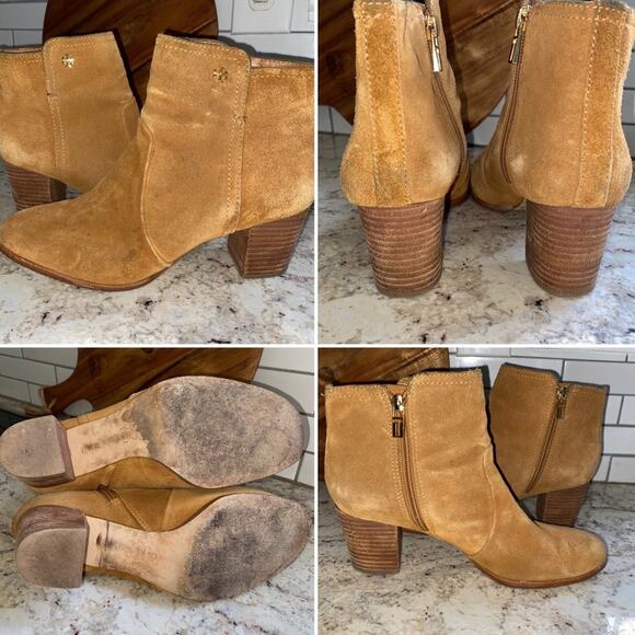 Tory Burch Sabe $398 Caramel Suede Ankle Booties size 9M EUC - Picture 1 of 16